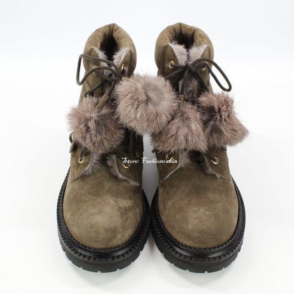NEW JIMMY CHOO Pom-Pom Suede Fur | Cozy Cold Weather Suede Lace-Up Boots/Booties - Picture 6 of 15
